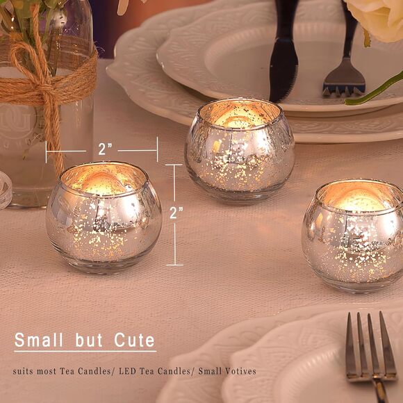 24 Silver Votive Candle Holders Table Centerpieces Speckled Round Mercury Glass - Picture 2 of 9